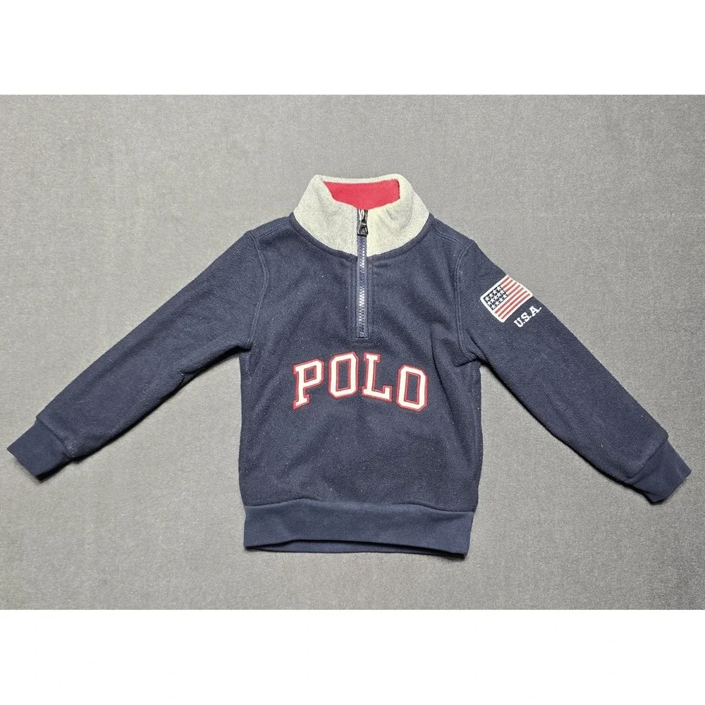 Polo Ralph Lauren 1/4 Fleece Pullover Youth Size 3T Pockets USA Flag Logo‎ Blue